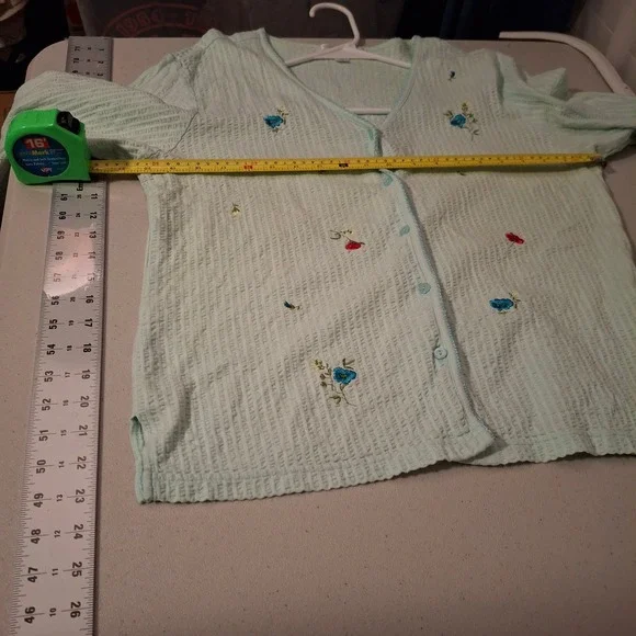 CAROLE HOCHMAN Light Blue Waffle Knit Embroidered Button Front Cardigan M - Picture 5 of 6